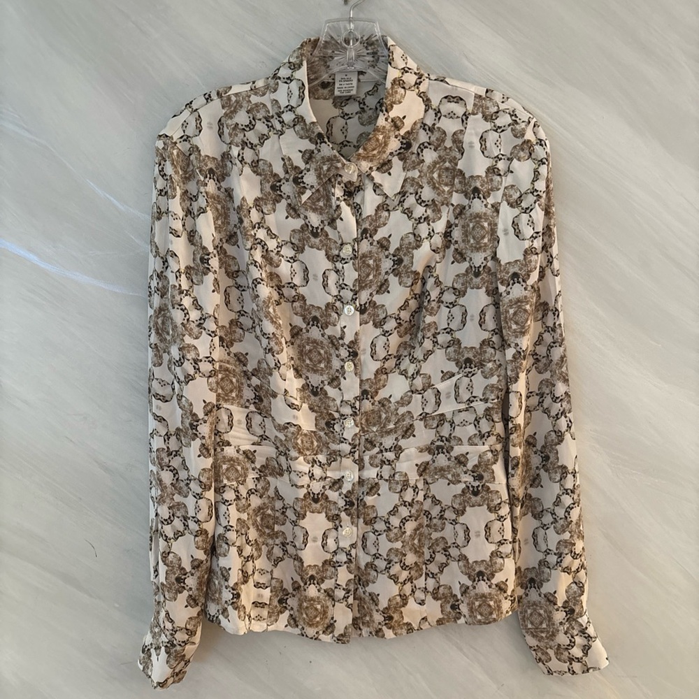 Cache M White/Gold Animal Print Long Sleeve Silk/Spandex Button Up Blouse Y2K 90